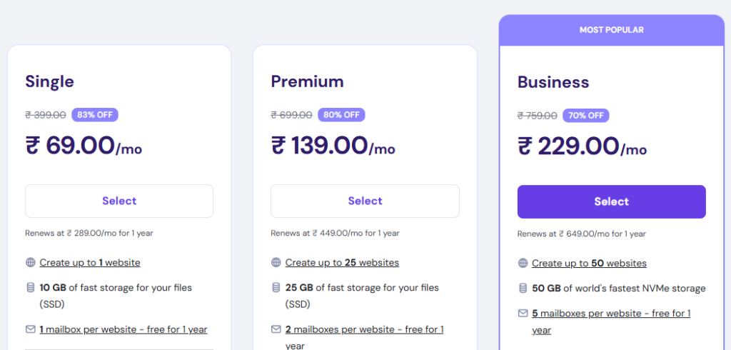 Shared Hostinng UI form Hostinger 