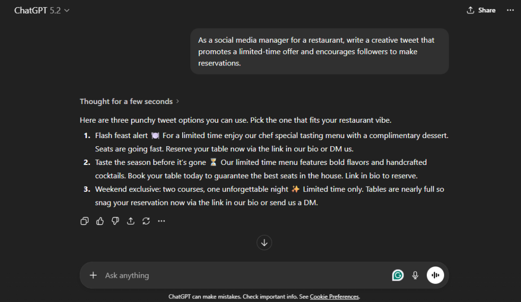 Example ChatGPT Screenshot of Social Media Prompt